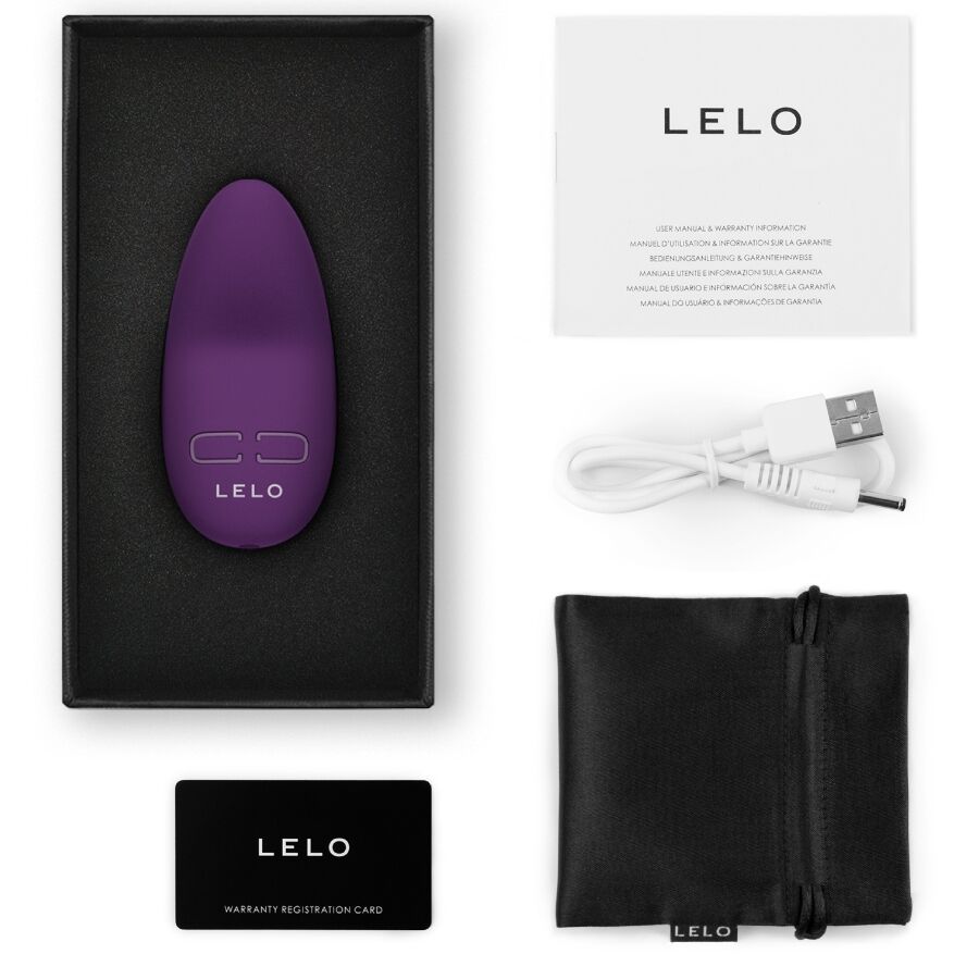 Masseur Lily 3 violet de Lelo dans son ecrin avec cable USB, carte de garantie et pochette, vibromasseur clitoridien compact en silicone etanche a 10 modes puissants