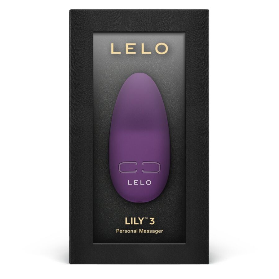 Boite du Lily 3 de Lelo presentant le masseur clitoridien violet, vibromasseur compact en silicone biocompatible etanche rechargeable a 10 modes de vibration