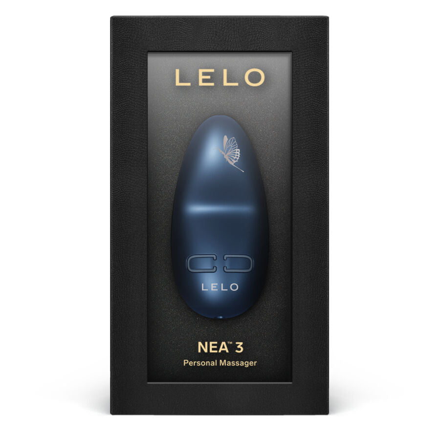 Boite du NEA 3 de Lelo presentant le masseur clitoridien bleu nuit, vibromasseur compact en silicone biocompatible etanche rechargeable a 10 modes de vibration