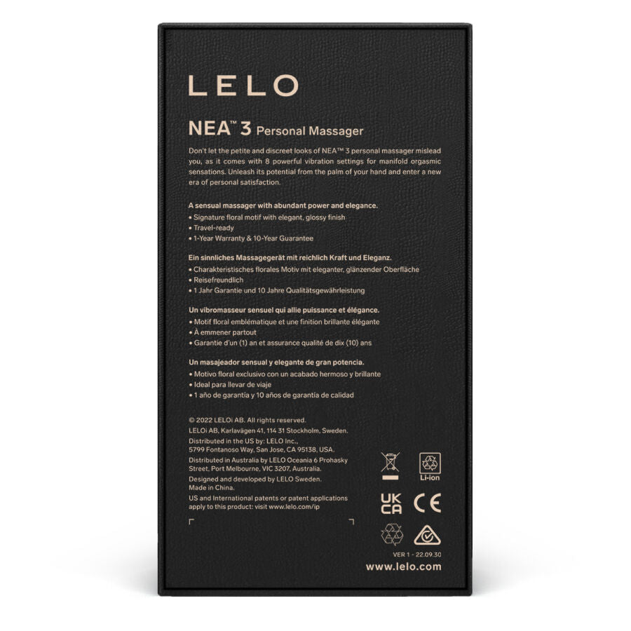 Verso de la boite du NEA 3 de Lelo detaillant les fonctions, petit masseur clitoridien compact en silicone biocompatible etanche IPX7 rechargeable a 10 modes