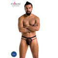 Mannequin au torse nu portant le string Collin noir en resille Passion, vue de face, design minimaliste et transparent pour homme.