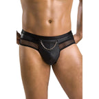 Jockstrap homme ouvert Tom polyuréthane noir — vue de profil