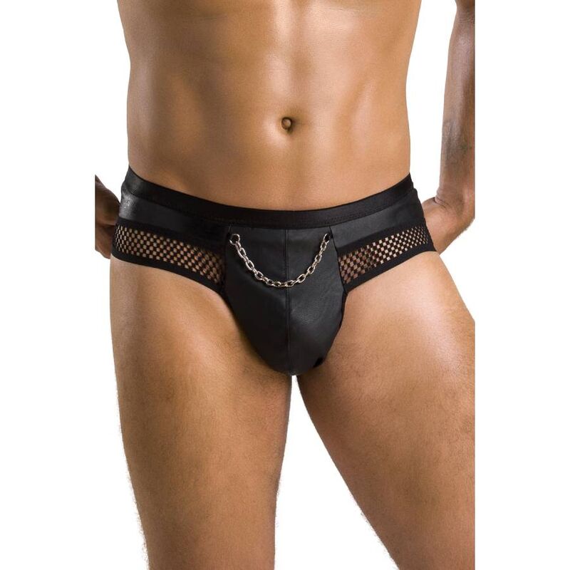Bassin masculin habille du jockstrap Tom Passion, poche simili noir avec chainette et panneau resille, vue de trois quarts sensuelle et epuree.