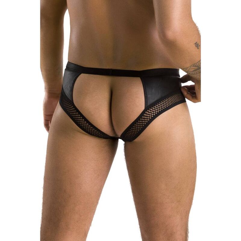 Jockstrap homme Tom vu de dos sur mannequin, large ouverture devoilant les fesses, simili et resille noirs, lingerie masculine fetichiste Passion.