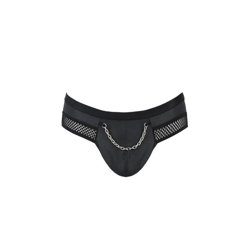 Jockstrap homme Tom noir presente seul, poche en simili brillant a chainette decorative et empiecement resille, lingerie masculine sensuelle Passion.