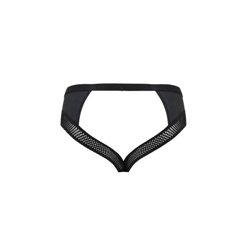 Jockstrap homme Tom noir vu de dos a plat, decoupe arriere ouverte et bordure resille, piece de lingerie masculine epuree de la marque Passion.