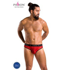 Mannequin torse nu portant le slip Mike rouge leopard Passion vu de face, ceinture logo et coupe moulante, lingerie masculine sensuelle pour homme.