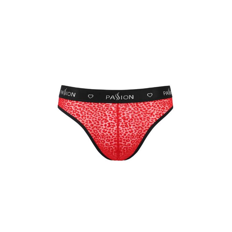 Slip homme Mike rouge a imprime leopard presente seul de dos, ceinture elastique logo Passion, lingerie masculine moulante en polyester elasthanne.