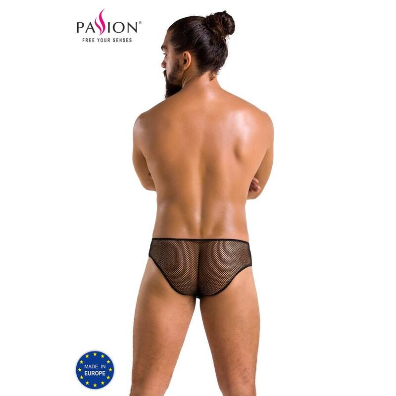 Slip homme Richard noir resille vu de dos sur corps nu, coupe transparente devoilant les fesses, lingerie masculine sensuelle et moulante Passion.