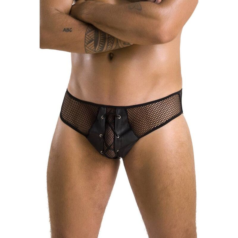 Bassin masculin habille du slip Richard noir resille Passion, laçage decoratif sur le devant, vue de trois quarts, lingerie masculine transparente sensuelle.