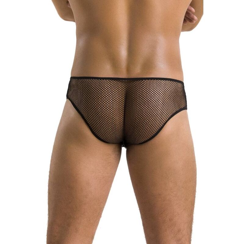 Slip homme Richard noir resille vu de dos sur le bassin du mannequin, coupe pleine transparente moulant les fesses, lingerie masculine sensuelle Passion.
