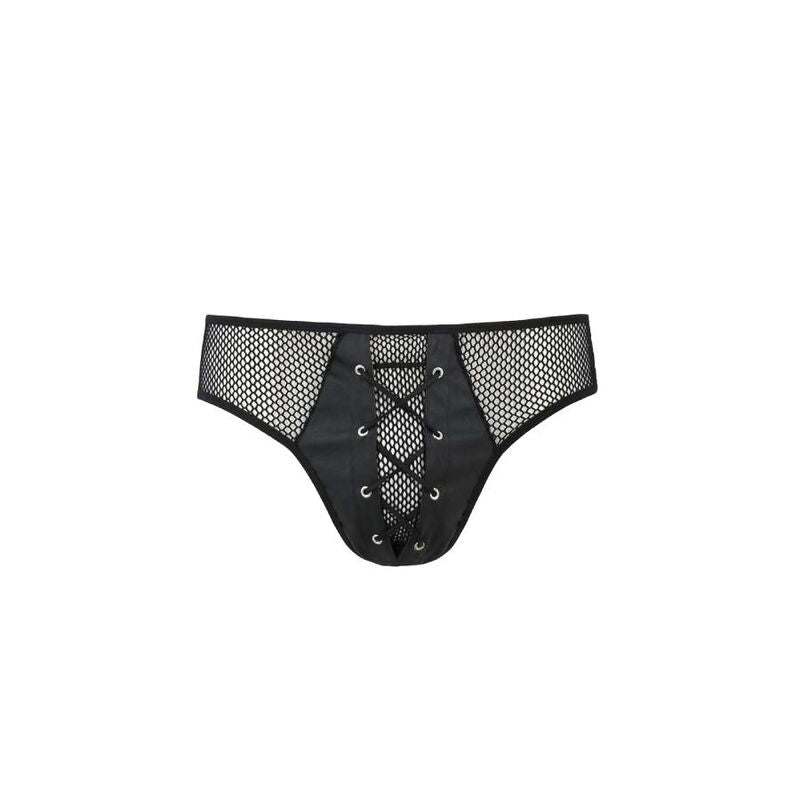Slip homme Richard noir resille presente seul, laçage decoratif central et empiecement simili, piece de lingerie masculine transparente et sensuelle Passion.
