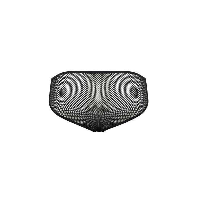 Slip homme Richard noir en resille vu a plat de dos, coupe pleine transparente, lingerie masculine sensuelle fabriquee dans l'Union europeenne pour Passion.
