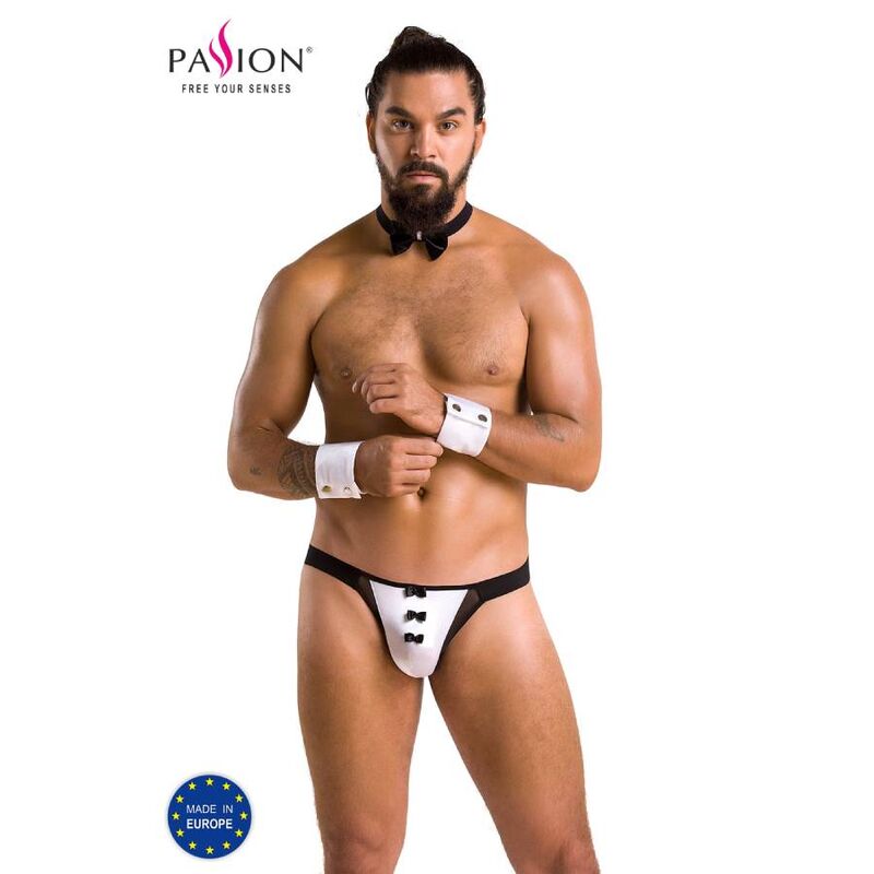 Mannequin torse nu portant le costume serveur Passion vu de face, noeud papillon, manchettes et string blanc a boutons, deguisement sexy pour homme.