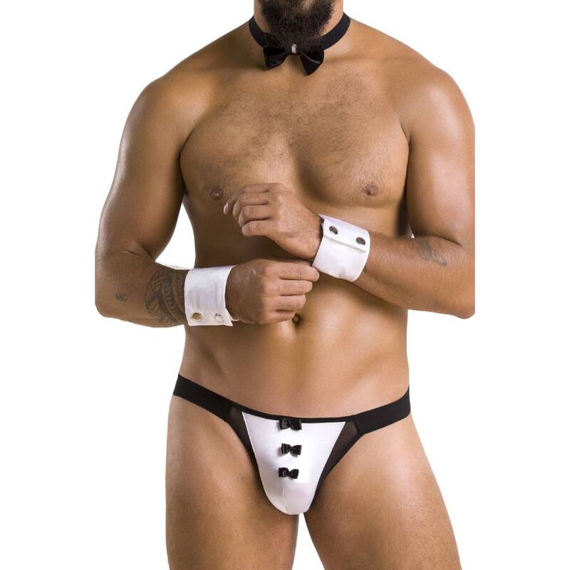 Mannequin torse nu portant le string blanc a boutons du costume serveur Passion, noeud papillon et manchettes blanches, deguisement sexy pour homme.