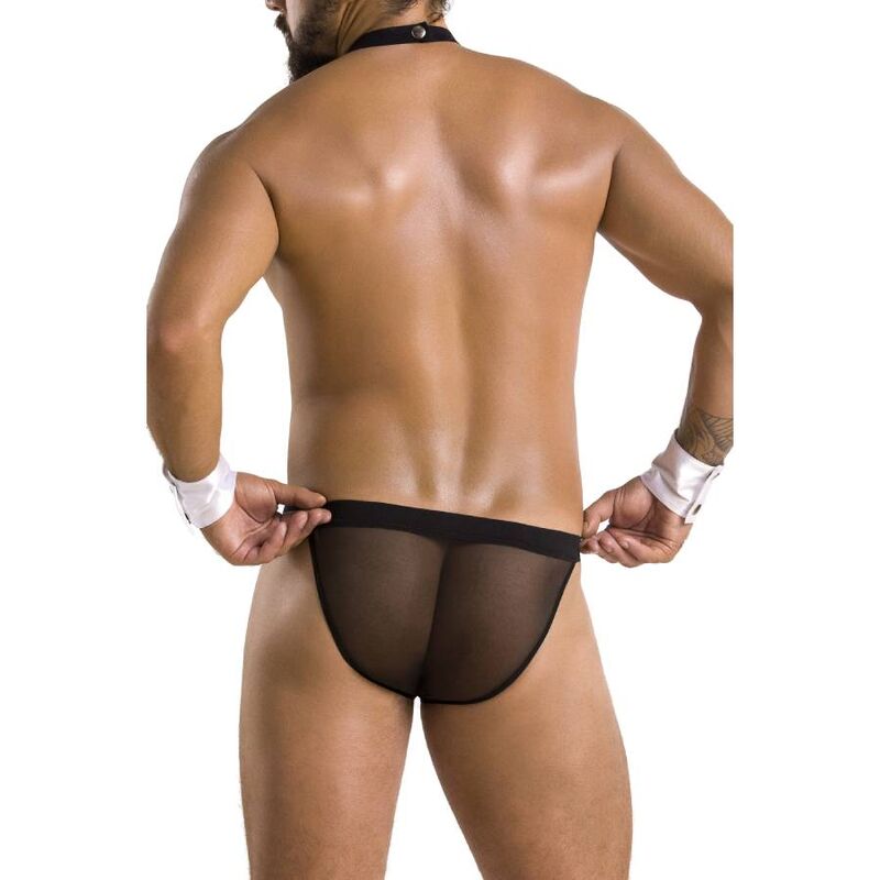 Costume serveur homme vu de dos sur corps nu, string en resille noire transparente et manchettes blanches, deguisement sexy de jeu de role Passion.