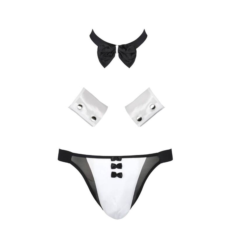 Accessoires du costume serveur Passion a plat : noeud papillon noir, manchettes blanches et string blanc a boutons, deguisement sexy de jeu de role homme.
