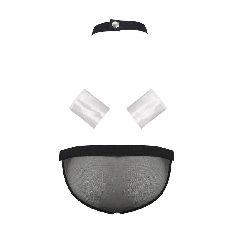 Pieces du costume serveur Passion presentees seules : col, manchettes blanches et string arriere en resille noire, deguisement sexy pour homme.