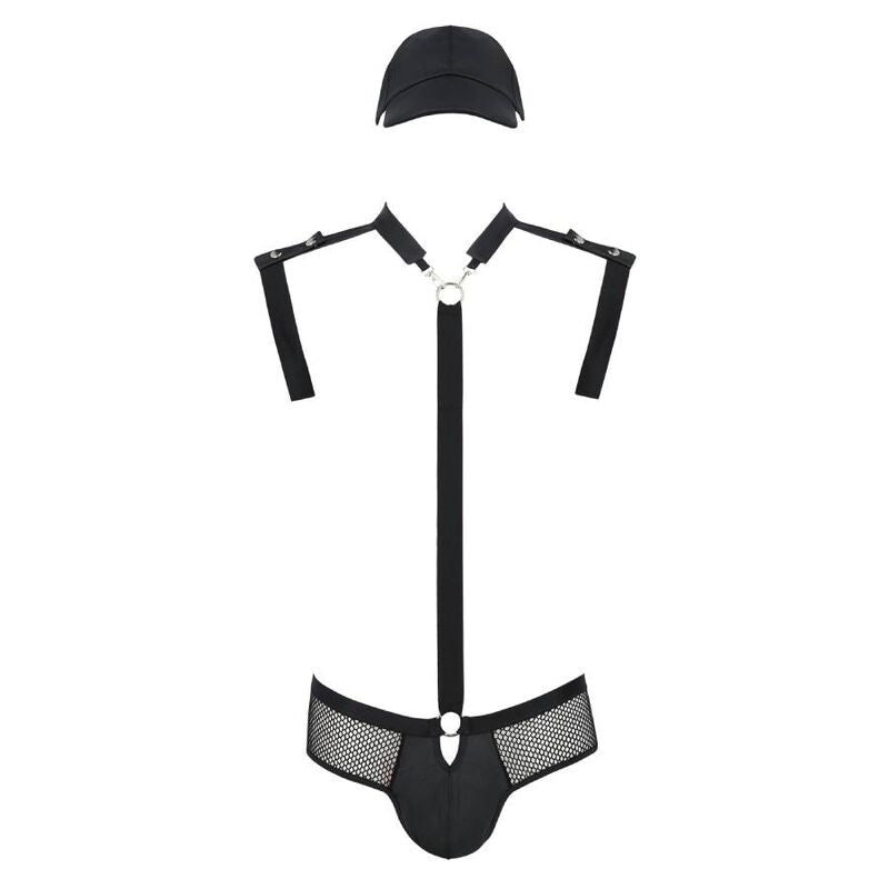 Ensemble homme Passion a plat : casquette noire, harnais d'epaules a sangles et slip resille avec empiecement simili, deguisement sexy de jeu de role.