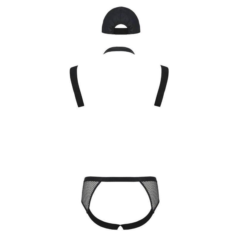 Pieces de l'ensemble homme Passion presentees seules : casquette, sangles et slip jockstrap resille ouvert, deguisement sexy de jeu de role homme.