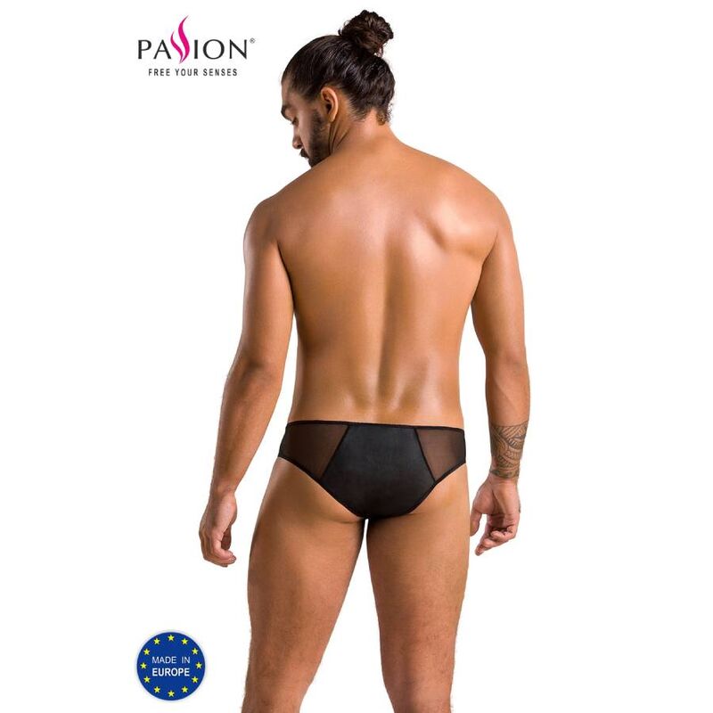 Slip homme Timmy vu de dos : panneau polyurethane noir et insert resille, lingerie masculine certifiee Oeko-Tex fabriquee en Pologne pour Passion.