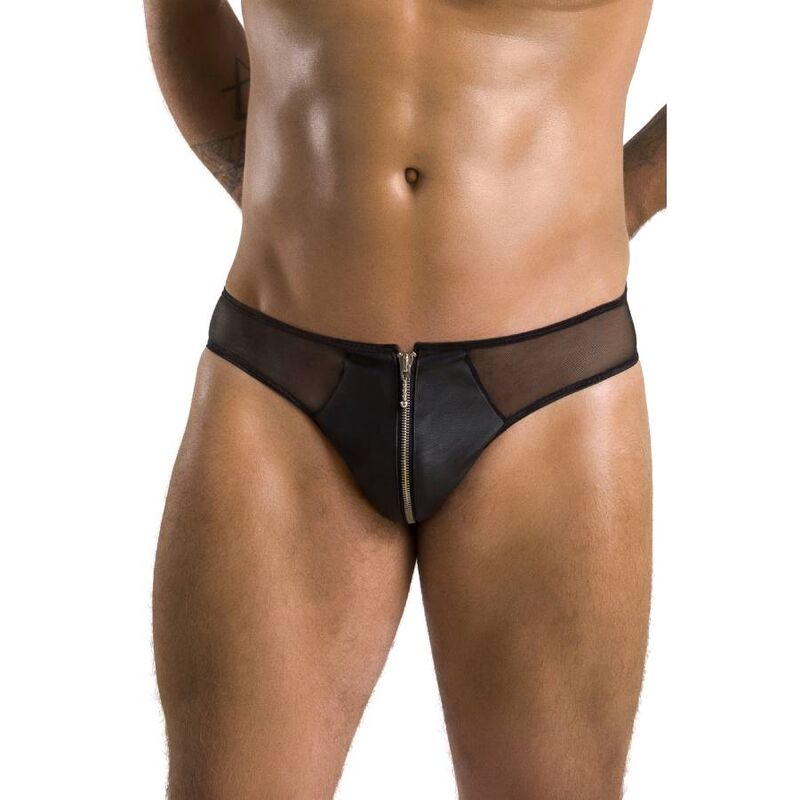 Slip homme Timmy gros plan de face : zip frontal et inserts resille transparente sur polyurethane noir brillant, lingerie masculine signee Passion.