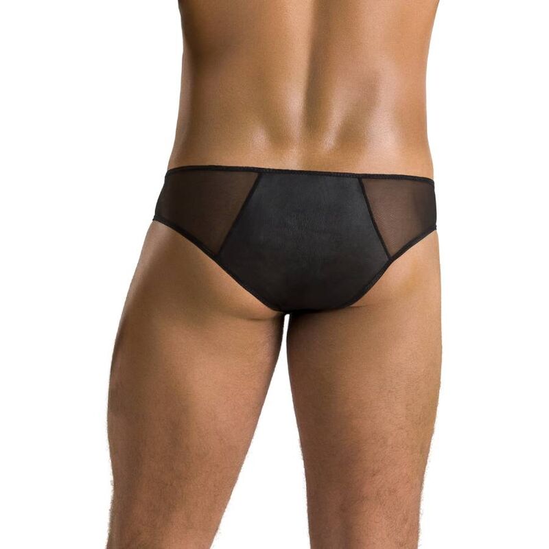 Slip homme Timmy vu de dos rapproche : dos en polyurethane noir mat et empiecement resille lateral, lingerie masculine sensuelle Passion.