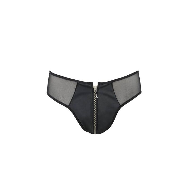 Slip homme Timmy a plat sur fond blanc : zip frontal, inserts resille transparente et polyurethane noir brillant, lingerie masculine epuree Passion.