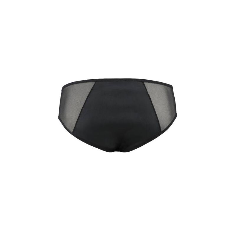 Slip homme Timmy vu de dos a plat : panneau polyurethane noir brillant et empiecement resille lateral, lingerie masculine certifiee Oeko-Tex Passion.