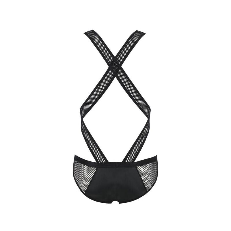 Ensemble harnais homme Victor detoure sur fond blanc : sangles croisees en X et culotte resille noire, piece d'inspiration BDSM soft de la marque Passion.
