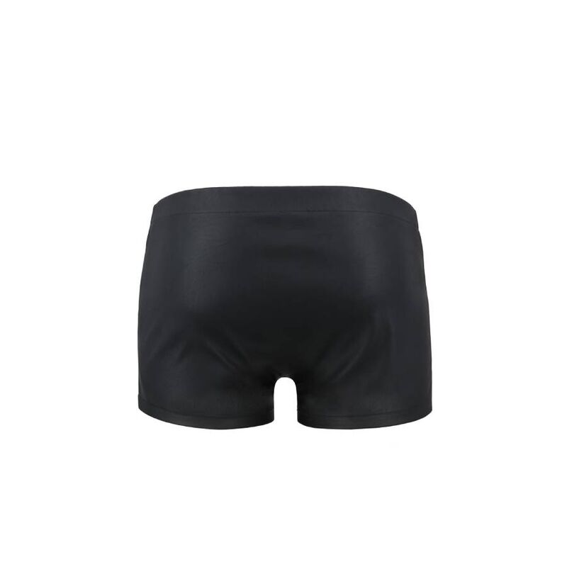 Boxer homme effet cuir noir mat vu de dos a plat : panneau arriere lisse et coupe galbante, lingerie masculine sensuelle de la marque Passion.