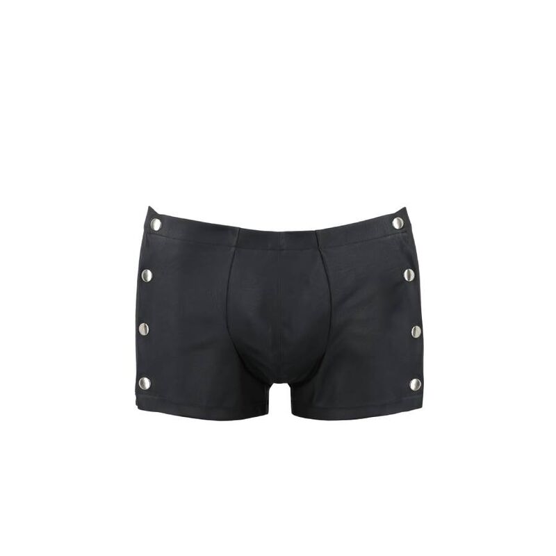 Boxer homme effet cuir noir mat a plat sur fond blanc : boutons-pression decoratifs sur la braguette, lingerie masculine epuree signee Passion.