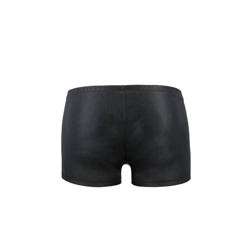 Boxer homme effet cuir noir mat vu de dos a plat : panneau arriere lisse et coupe galbante, lingerie masculine sensuelle de la marque Passion.
