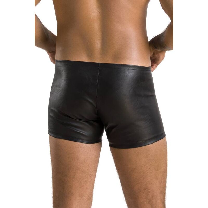 Boxer homme effet cuir noir mat vu de dos rapproche : panneau arriere lisse galbant, lingerie masculine sensuelle certifiee Oeko-Tex de la marque Passion.