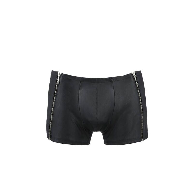 Boxer homme effet cuir noir mat a plat sur fond blanc : zips lateraux decoratifs sur les hanches, lingerie masculine epuree signee Passion.