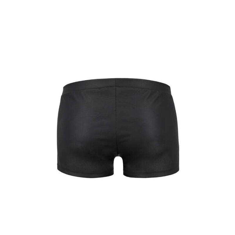 Boxer homme effet cuir noir mat vu de dos a plat : panneau arriere lisse et coupe galbante, lingerie masculine sensuelle de la marque Passion.