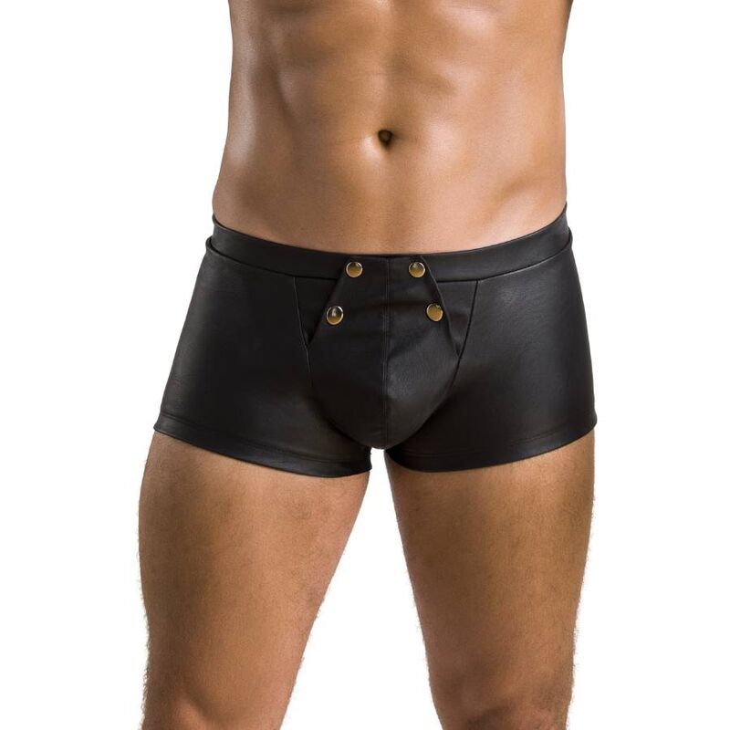 Boxer homme effet cuir noir gros plan de face : boutons-pression dores sur la poche frontale, finition mate, lingerie masculine sensuelle signee Passion.