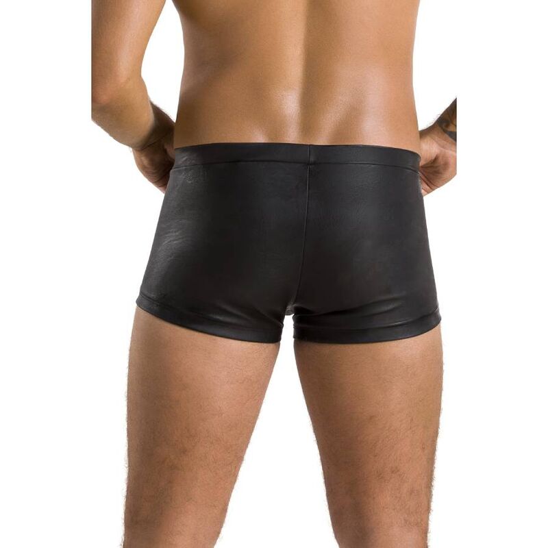 Boxer homme effet cuir noir mat vu de dos rapproche : panneau arriere lisse galbant, lingerie masculine sensuelle certifiee Oeko-Tex de la marque Passion.