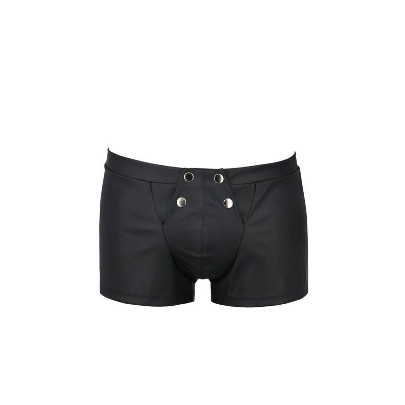 Boxer homme effet cuir noir mat a plat sur fond blanc : boutons-pression decoratifs sur la poche frontale, lingerie masculine epuree signee Passion.