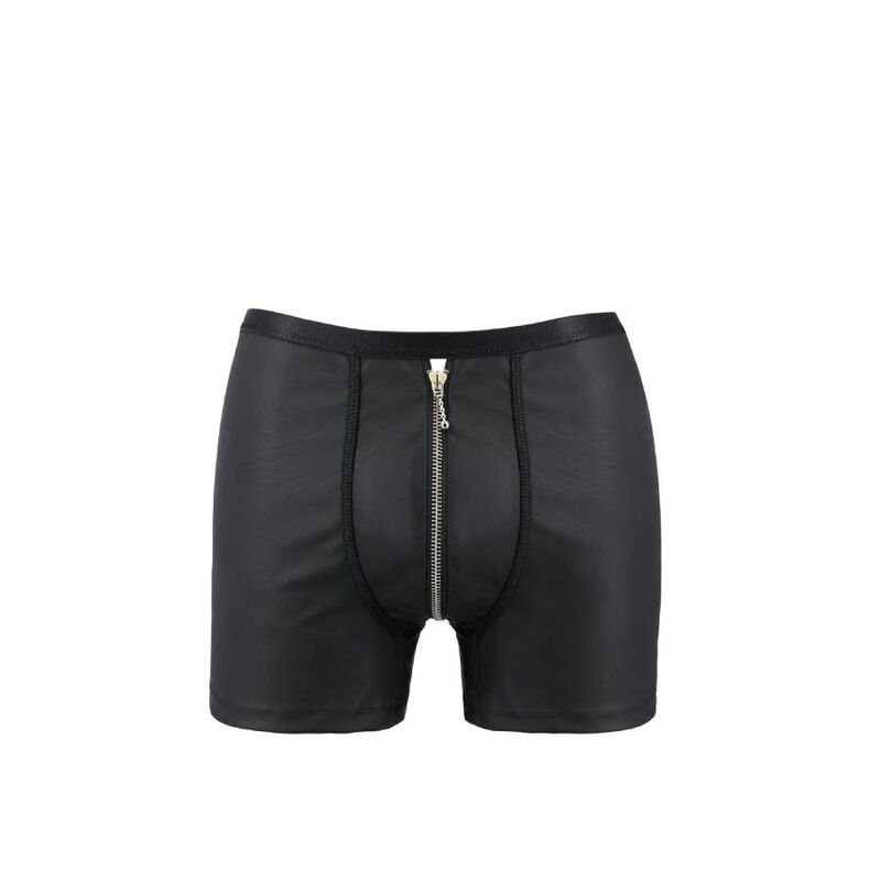 Boxer homme effet cuir noir de l'ensemble a plat de face : braguette a zip frontal, finition mate, lingerie masculine fetichiste de la marque Passion.