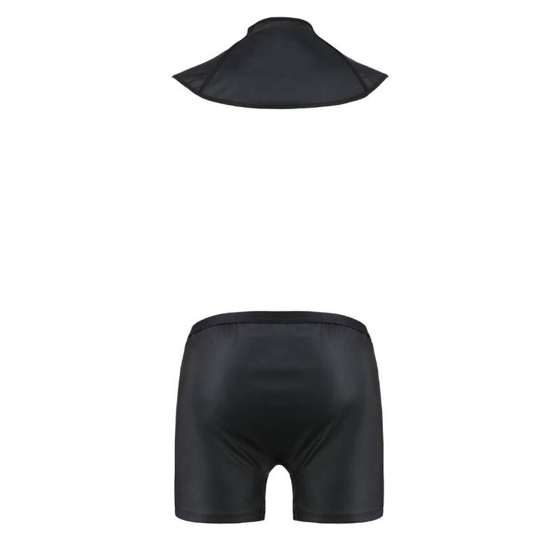Col cape homme effet cuir noir presente a plat : capuche-collerette zippee couvrant les epaules, accessoire fetichiste de l'ensemble signe Passion.