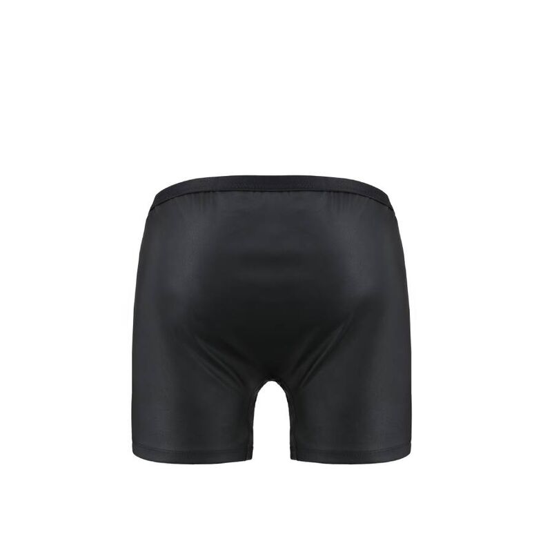 Boxer homme effet cuir noir de l'ensemble vu de dos a plat : panneau arriere lisse galbant, finition mate, lingerie masculine signee Passion.