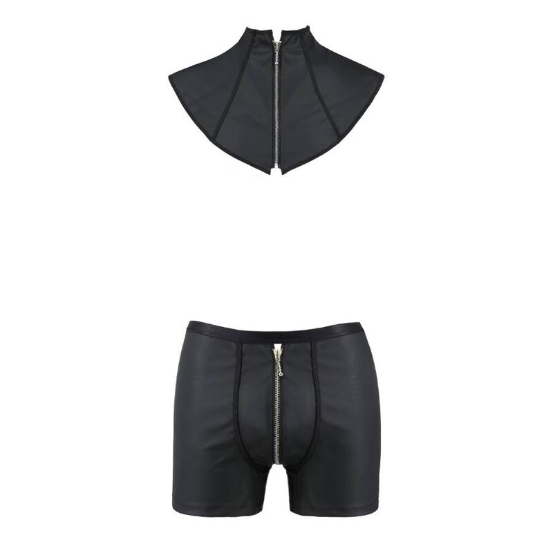 Boxer homme effet cuir noir de l'ensemble a plat de face : braguette a zip frontal centrale, finition mate, lingerie masculine fetichiste signee Passion.