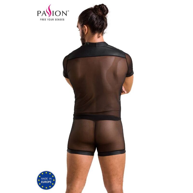 Ensemble homme resille transparente vu de dos de profil : tee-shirt resille et boxer resille assorti, lingerie masculine sensuelle de la marque Passion.