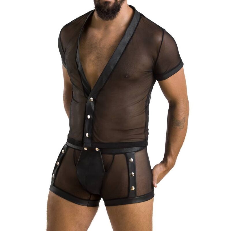 Ensemble homme resille transparente gros plan de profil : tee-shirt resille, bretelle diagonale et boxer a boutons-pression, look fetichiste signe Passion.