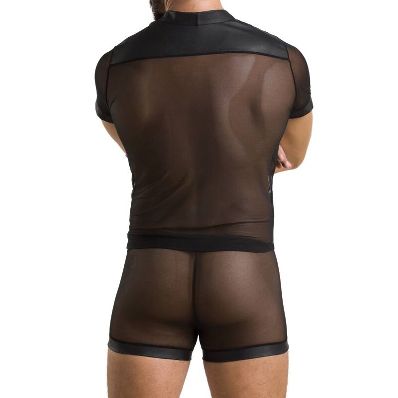 Ensemble homme resille transparente vu de dos rapproche : tee-shirt resille couvrant le buste et boxer galbant, lingerie masculine BDSM soft Passion.