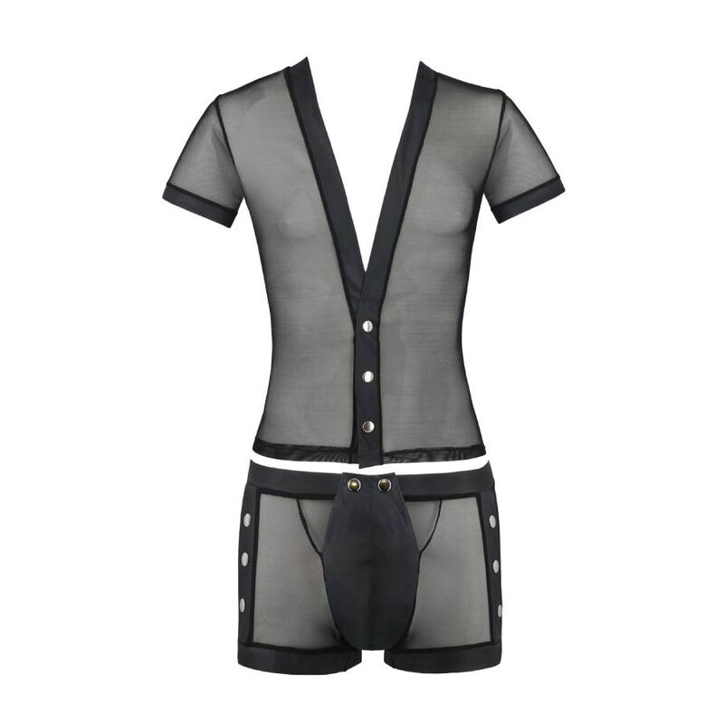Ensemble homme resille transparente a plat de face : tee-shirt resille a col en V et boxer a boutons-pression, lingerie masculine fetichiste signee Passion.