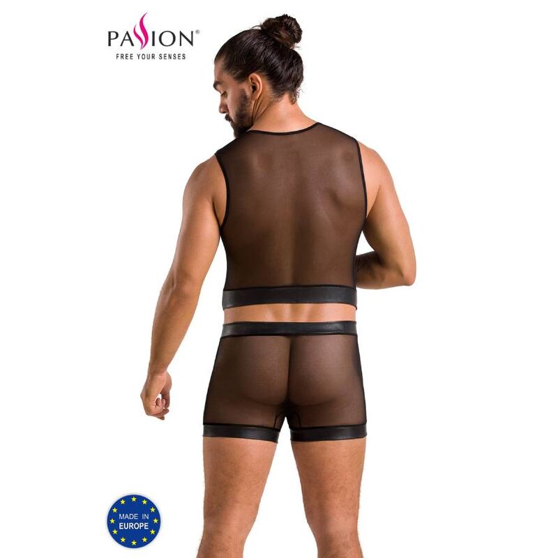 Mannequin homme de dos en ensemble William, maille resille noire transparente revelant le dos, boxer borde de simili cuir, look fetichiste soft Passion