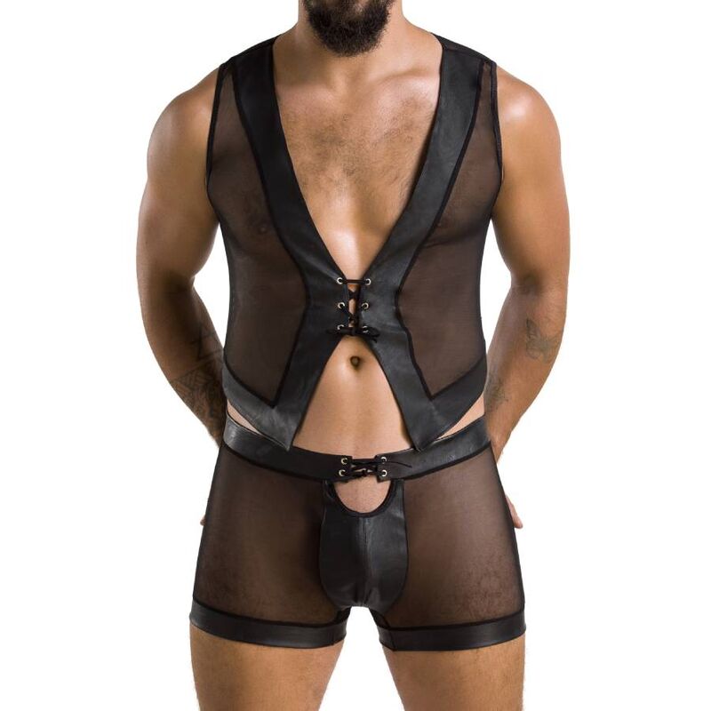 Gros plan ensemble William sur torse masculin, debardeur transparent et boxer a ouverture frontale, jeu de sangles en simili noir de la marque Passion