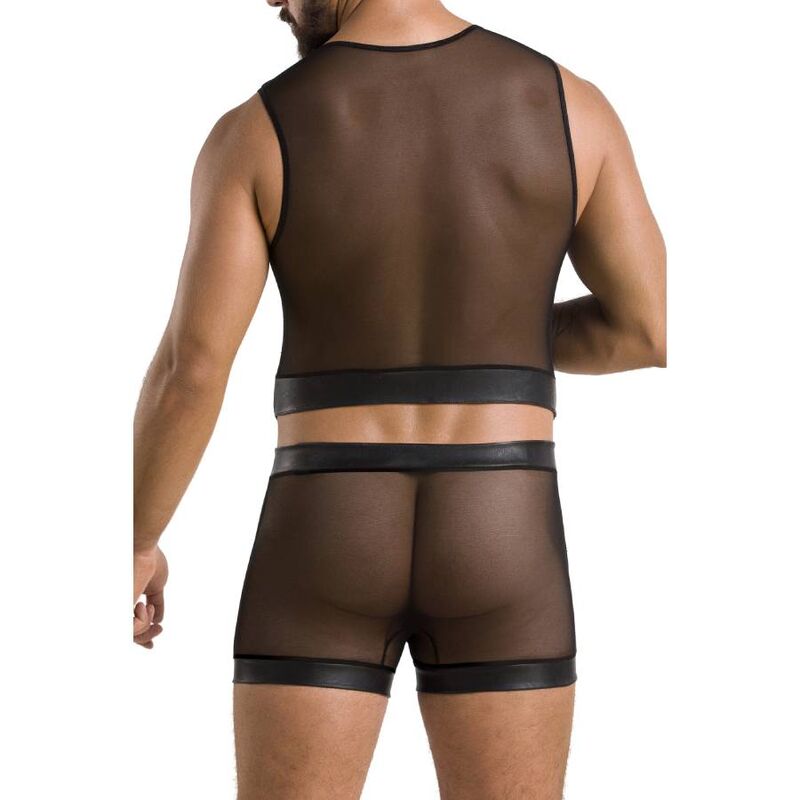 Ensemble homme William de dos en maille resille noire transparente, boxer assorti borde de simili, silhouette masculine visible, lingerie BDSM soft Passion